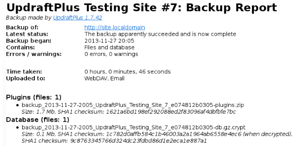 UpDraft Backup Report