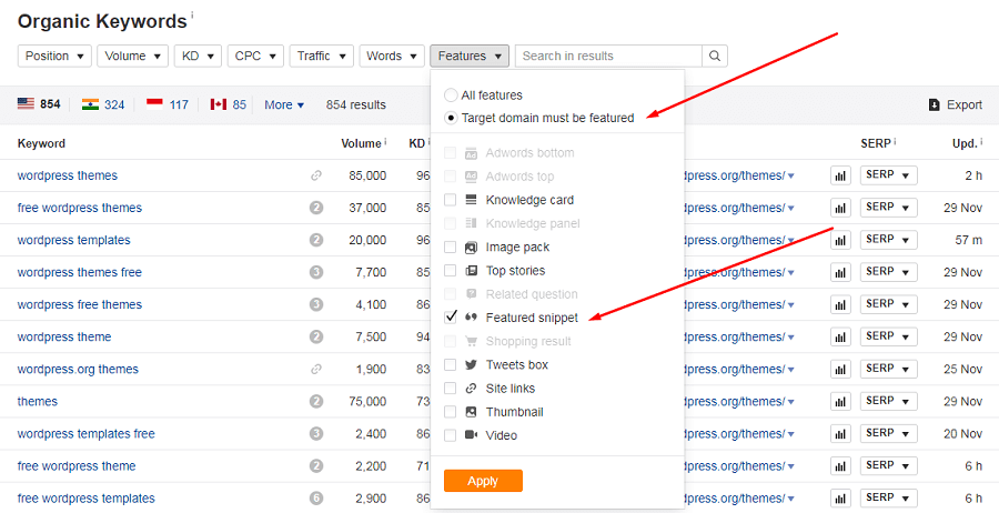 featured snippet filter